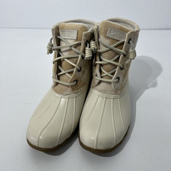 Sperry Duck Boot Womens 7.5 Cream Saltwater Buffalo Check Rain Bone Lace Up - Picture 3 of 10